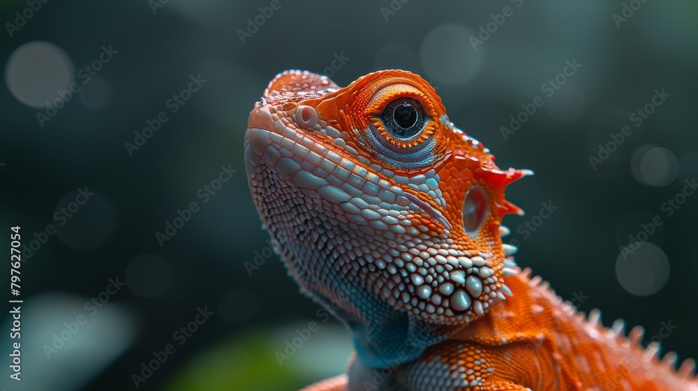 A lizard with a red face and orange body is staring at the camera A lizard with a red face and orange body is staring at the camera