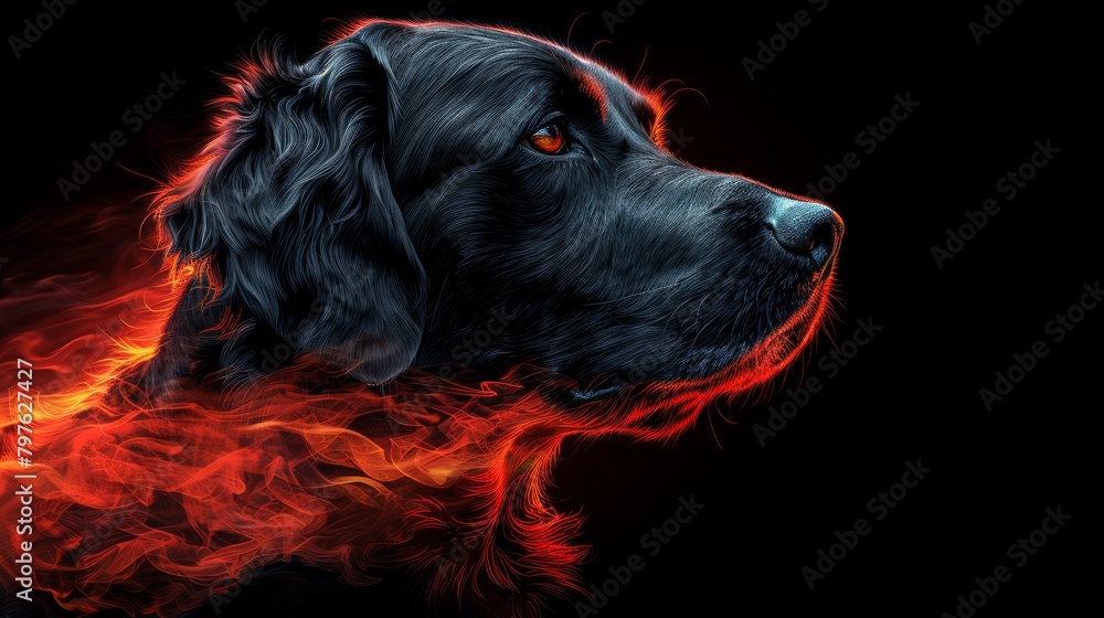 A black dog with red eyes is shown in a fiery blaze
