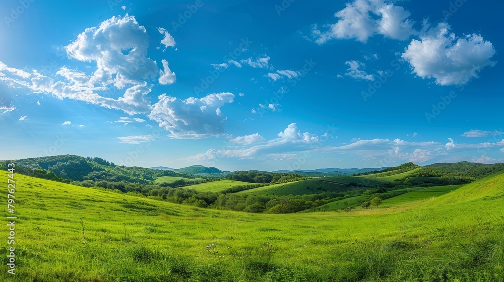 A panoramic view of a lush green field with rolling hills under a clear blue sky