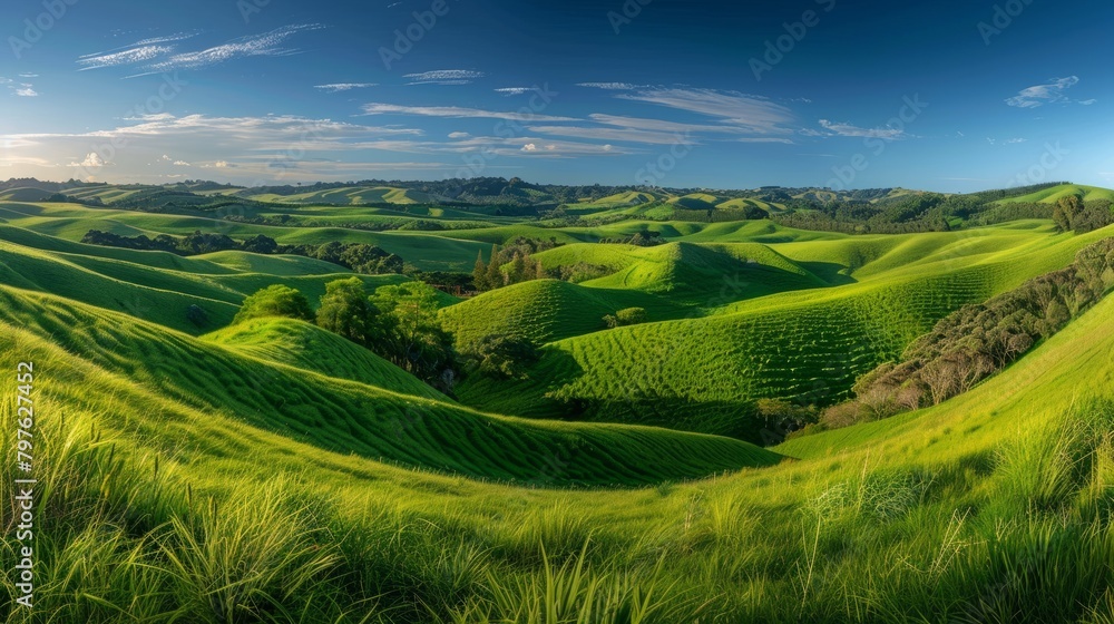 A panoramic view of a luscious green hillside covered in vibrant grass under a clear blue sky