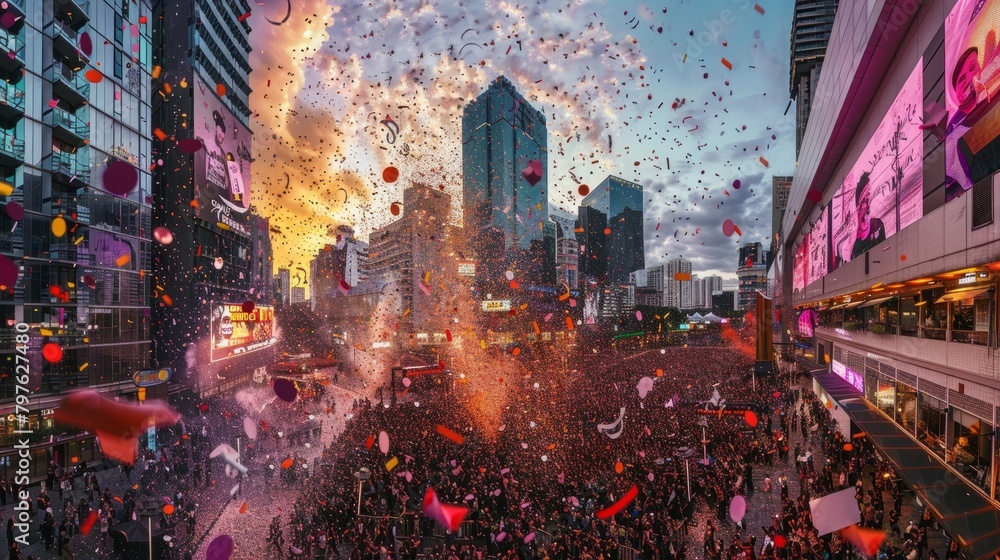 A panoramic view of a city square filled with a large group of people enthusiastically celebrating a special occasion, with colorful confetti raining down on them