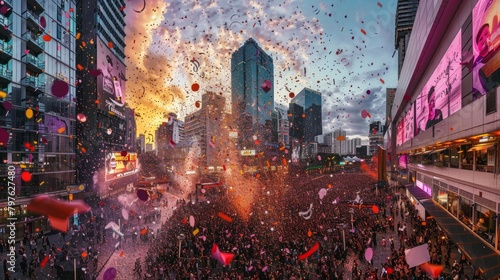 A panoramic view of a city square filled with a large group of people enthusiastically celebrating a special occasion, with colorful confetti raining down on them