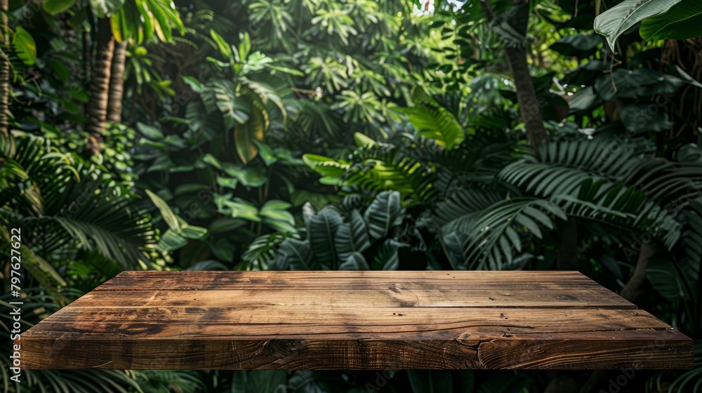 A wooden table set against a verdant jungle backdrop, showcasing the contrast of natural and man-made elements in the environment
