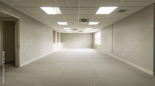 An empty room devoid of human presence  showcasing the full expanse of the space from wall to wall