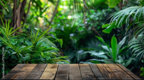 A wooden table sits amidst a variety of vibrant green plants  creating a harmonious blend of nature and modern design