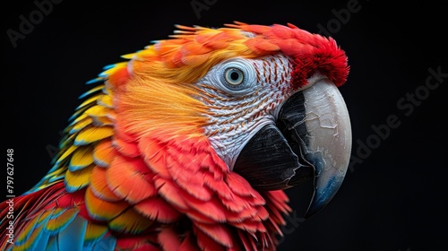 A colorful parrot with a black beak and red and yellow feathers photo