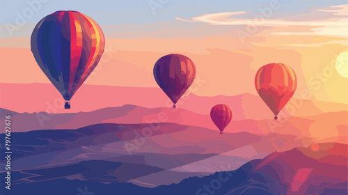 Colorful hot air balloons against the blue sky at sun