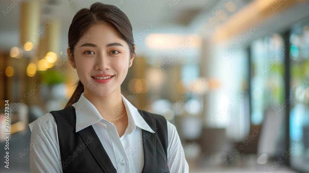 Woman receptionist smiling at lobby hotel, Good service concept, copy space Woman receptionist smiling at lobby hotel, Good service concept, copy space