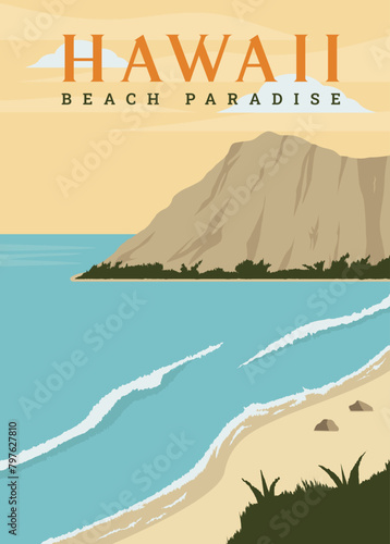 hawaii beach poster vintage vector illustration design. seascape in america vintage poster design