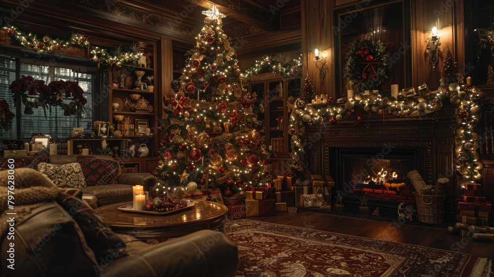 A cozy living room decorated for Christmas featuring a beautifully lit Christmas tree as the centerpiece