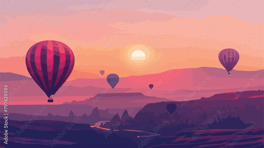 Colorful hot air balloons over the mountains at sunrise