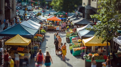 A bustling market square filled with people casually strolling around tents and stalls showcasing various goods