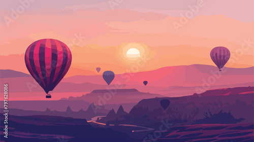 Colorful hot air balloons over the mountains at sunrise
