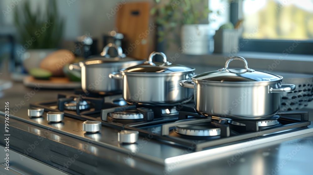Designer Kitchen Pots Elegantly Displayed on a Gas Range Cooktop Designer Kitchen Pots Elegantly Displayed on a Gas Range Cooktop