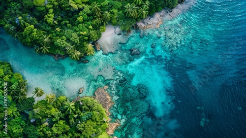 An aerial view showcasing the vast ocean and lush trees below