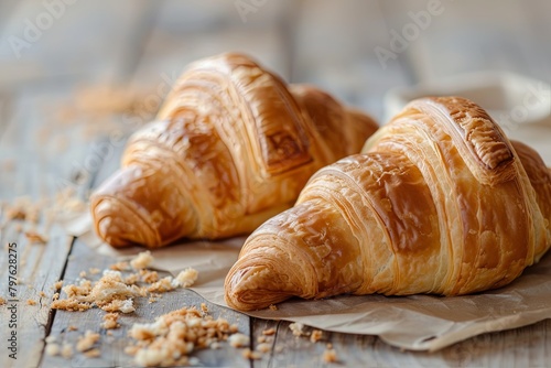 Delicious Rustic Breakfast: Two Scattered Croissants With Buttery Flakiness