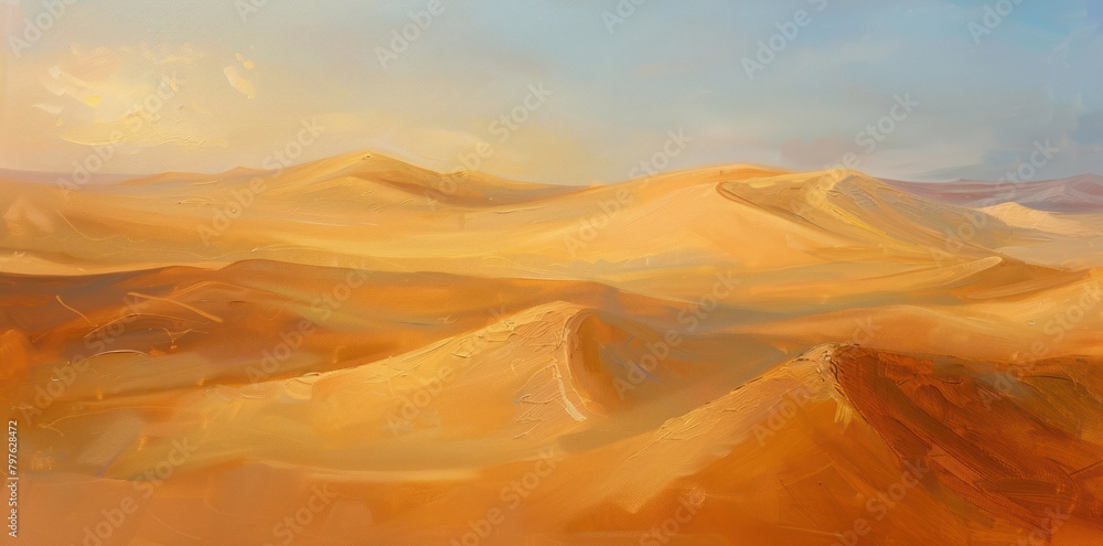 Soft dawn light on desert scenery. Illuminated sandy wilderness background.
