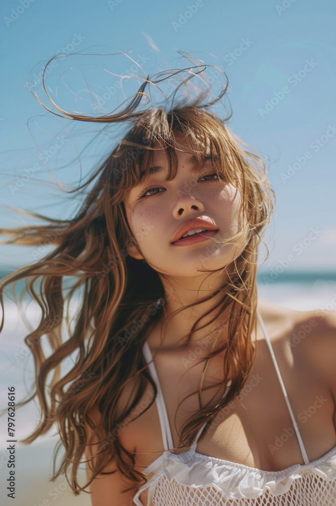 beautiful Japanese woman with a fringe and long wavy brown hair with blond highlights, wearing beachwear, beach outfit, woman in her 20s, beachwear photoshoot, portrait, beach, standing at the beach beautiful Japanese woman with a fringe and long wavy brown hair with blond highlights, wearing beachwear, beach outfit, woman in her 20s, beachwear photoshoot, portrait, beach, standing at the beach