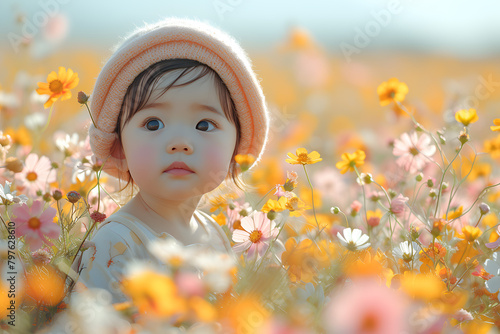 Portrait of a young asian child with curious eyes amidst a field of wildflowers. Innocence and the beauty of nature concept. Ideal for children's health and wellness, and natural lifestyle themes