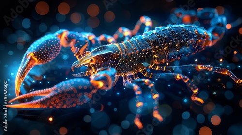 A blue and orange scorpion with glowing eyes