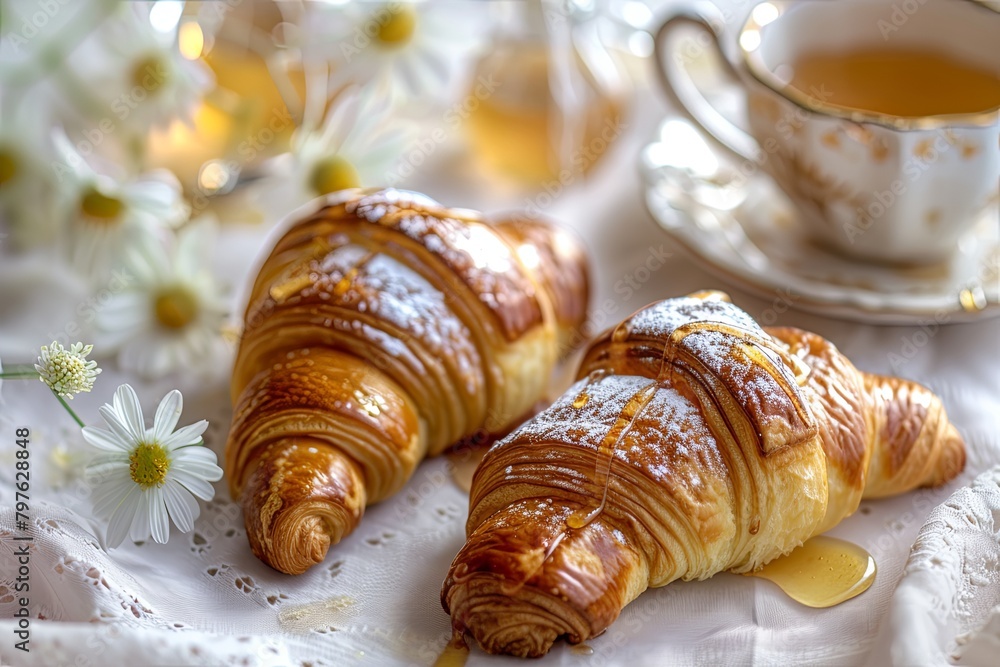 Soft-Focused Croissants with Honey Decorations: Art of Traditional French Pastry Brunch Scene Soft-Focused Croissants with Honey Decorations: Art of Traditional French Pastry Brunch Scene