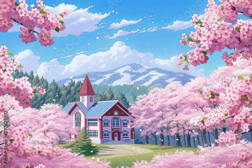 Sakura-Framed Schoolhouse  Anime Spring Blossoms
