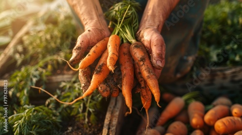 Farmers hands holding a bunch of freshly picked carrots in a field