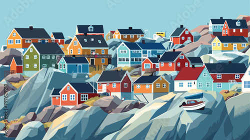 Colorful traditional houses on the rocks in Ilulissat photo