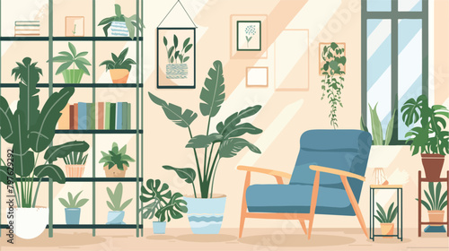 Comfortable chair bookcase and house plants. Living r