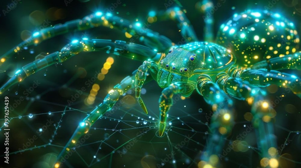 A spider is shown in a green and blue color scheme A spider is shown in a green and blue color scheme