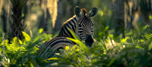 A baby zebra in the thickets of an African savannah, morning light photo