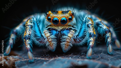 A spider with blue and yellow markings on its face © hakule