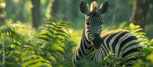 an elegant zebra stands among lush green ferns under dappled sunlight.