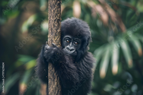 Cute baby gorilla holding onto a tree trunk in the jungle, looking at the camera