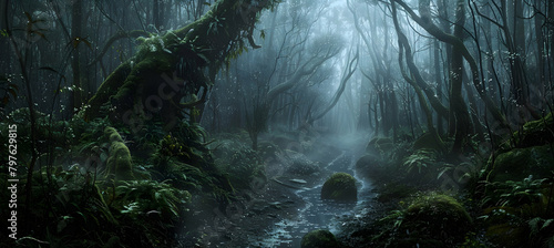 a dark fantasy misty swamp, moss and vines cover the ground, gnarled trees in the background