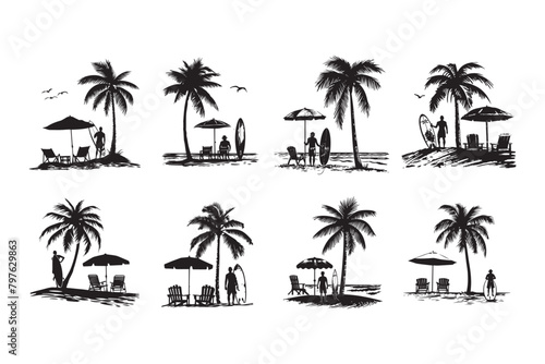 Set of black beach  palm tree  surf board  surfer silhouette vector  Black beach vector  Palm tree silhouette  Surfboard vector art  Surfer silhouette  Beach vector set  Tropical silhouette design  