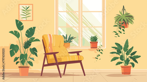 Comfortable chair window and house plants. Vector fla photo
