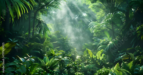 A dense jungle canopy with rays of sunlight filtering through the leaves  creating an enchanting and mysterious atmosphere