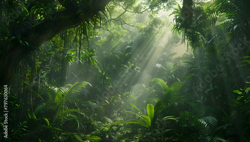 A dense jungle canopy shrouded in mist  with rays of sunlight piercing through the foliage and illuminating lush greenery below