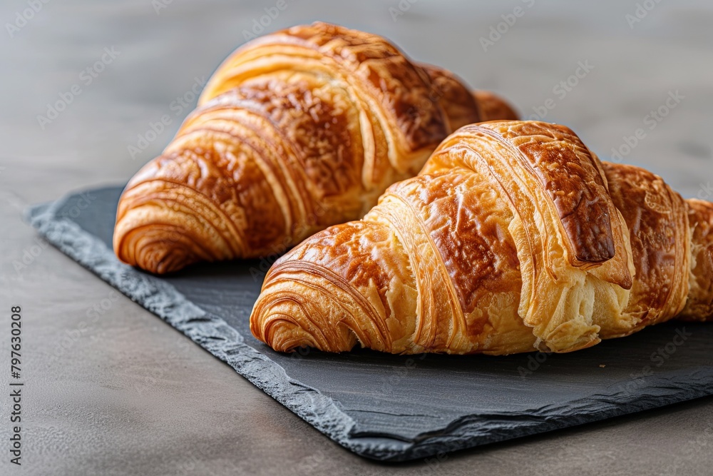 Delicious Croissant Breakfast: Soft, Butter Croissants on Textured Dark Board