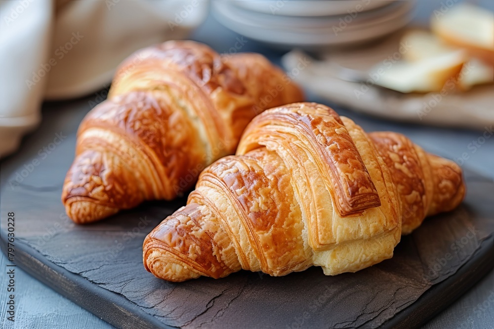 Tasty Croissant Breakfast - Two Croissants on Textured Dark Board, French Pastry Brunch Scene