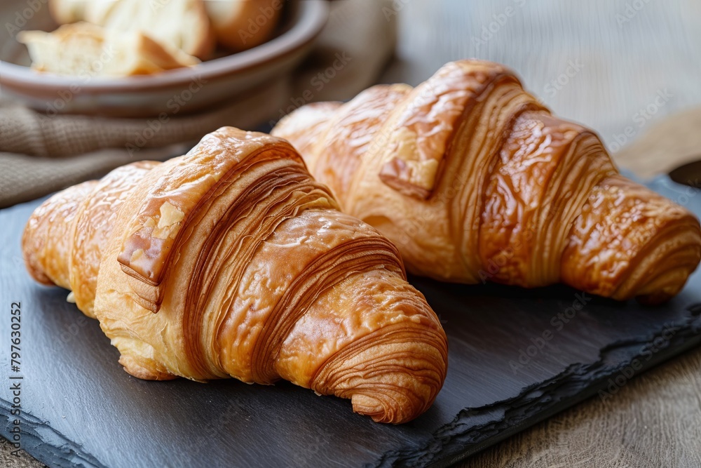 Traditional French Pastry Joy: Tasty Croissant Breakfast Scene with Two Croissants on a Textured Dark Board