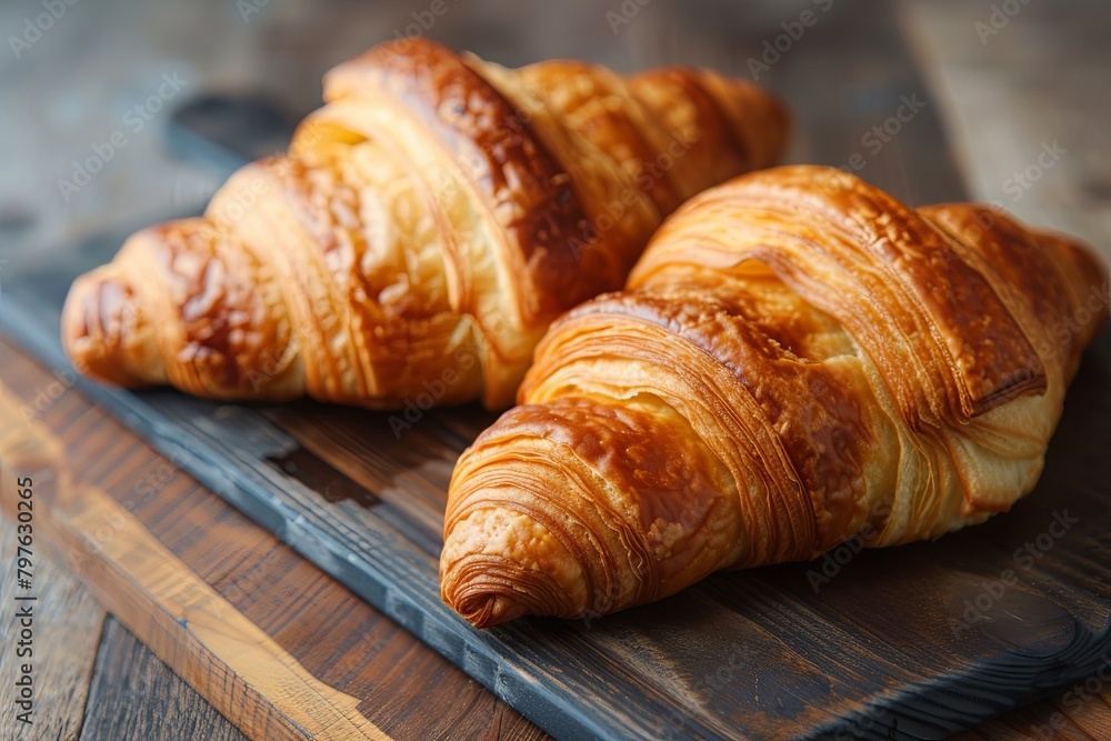 French Pastry Bliss: Two Croissants on a Dark Textured Board