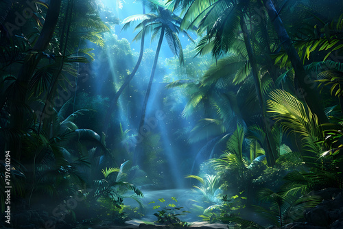 A lush, tropical rainforest scene with towering palm trees and vibrant green foliage under the rays of sunlight piercing through the canopy
