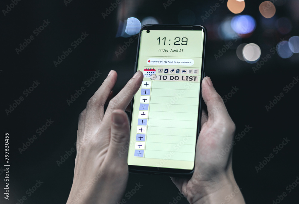 Reminder list concept. Woman uses smartphone application to record to-do list and reminders of important schedules, meeting appointments Reminder list concept. Woman uses smartphone application to record to-do list and reminders of important schedules, meeting appointments