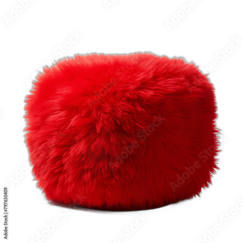 Red fur pouf made of soft curly fur Red fluffy round cushion isolated on white background