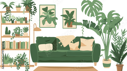 Comfortable sofa bookcase and house plants. Vector fl