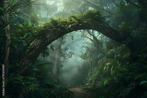 A jungle scene with vines forming an archway over the path  misty atmosphere