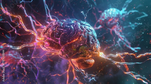 Artistic rendering of a human brain with electrical impulses.