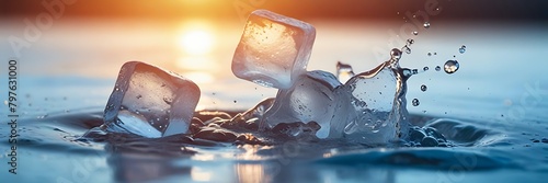 Icy surface background. 3D Illustration of groups of ice cubes scattered on upper left and bottom right of light blue surface covered in ice photo